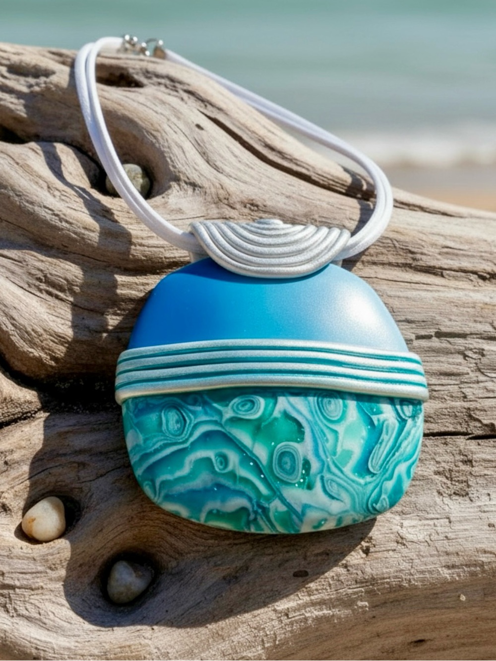 Artisan Blue Green & White Large Polymer Clay Pendant Necklace on 18" Cord